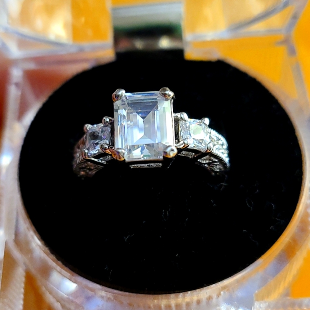 WGP Emerald Cut 3 Stone AAA CZ Engagement Ring